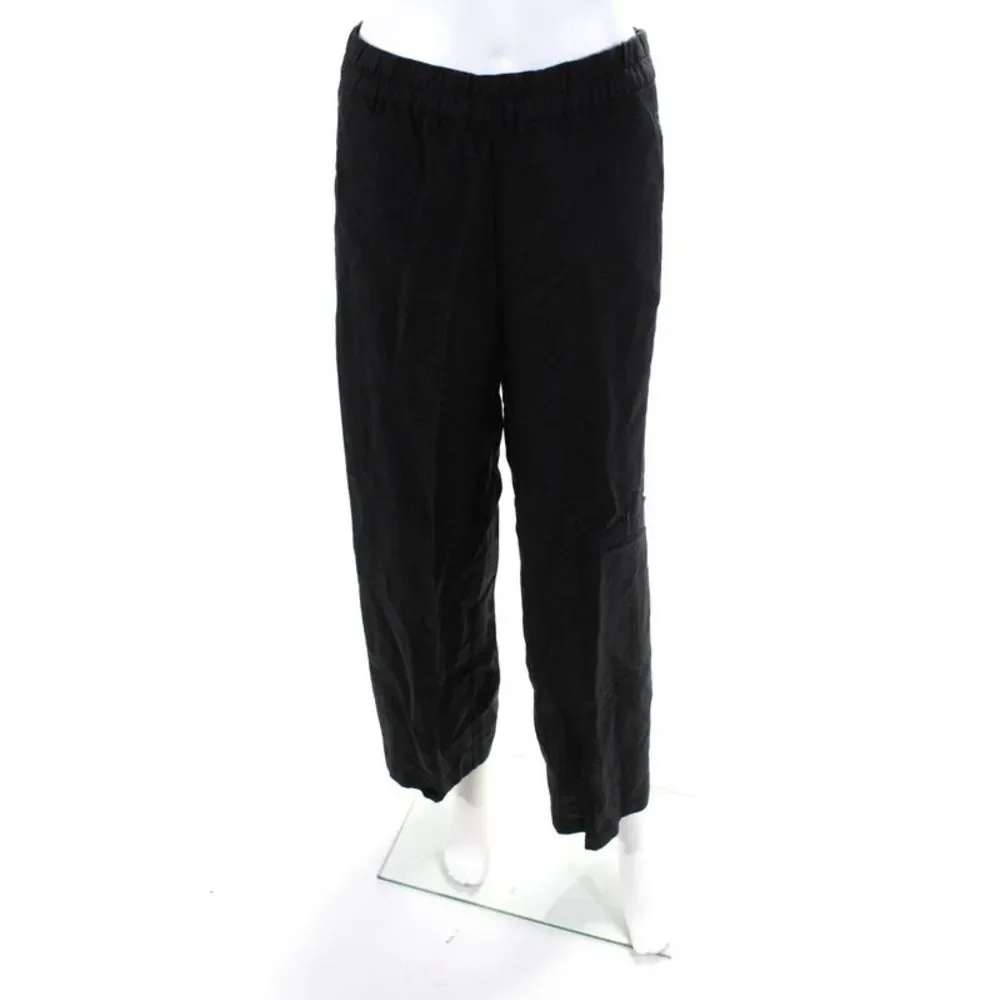 Renaur Womens Cotton Pleat Ruched Elastic Waist Straight Leg Pants Black Size S
